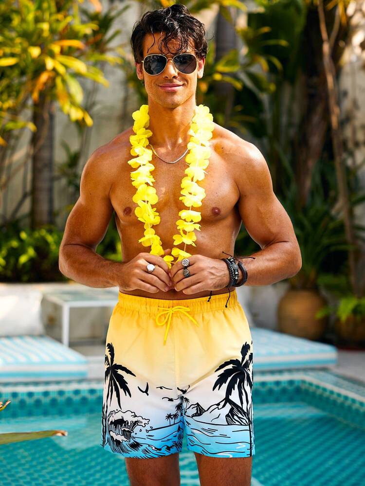 Men'S Seaside Print Drawstring Board Shorts