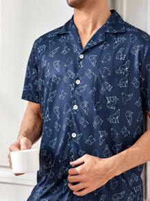Conjunto Completo De Ropa De Casa Con Estampado Para Hombres - Azul - Ver 4