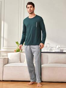 Provexi Provexi Men's Color Block Top & Pants Lounge Wear Set - Olive Green - View 3