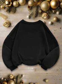 Tween Girls' Casual Slogan Print Long Sleeve Round Neck Fleece Sweatshirt, Suitable For Autumn And Winter - Black - View 2