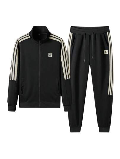 Men's Casual & Comfy Loose Contrast Panel Sweatshirt & Pants Set, Fall Clothes