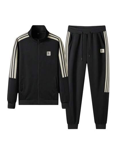 男士休闲舒适宽松撞色拼接运动衫和裤子套装，秋季服装