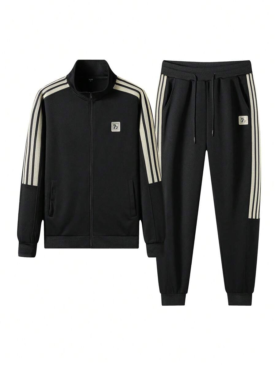 男士休闲舒适宽松撞色拼接运动衫和裤子套装，秋季服装 - 黑色 - 查看 1