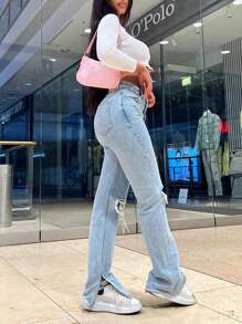 Ripped Straight Leg Jeans - Medium Wash - View 4