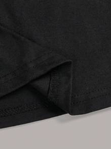SHEIN EZwear Áo thun nữ cổ tròn tay ngắn họa tiết in chữ thập, dáng ôm vừa vặn, thích hợp cho mùa hè - màu đen - Xem 9