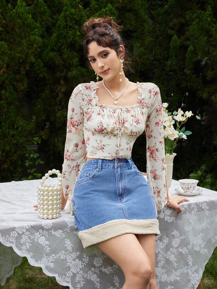 Women'S Plush & Denim Patchwork Skirt