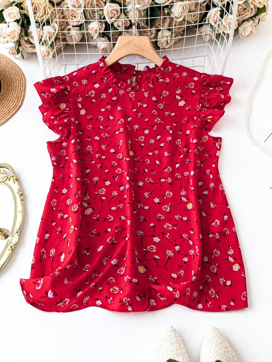 SHEIN Plus Size Women Floral Print Frill Hem Blouse For New Year, Summer - Red - View 1