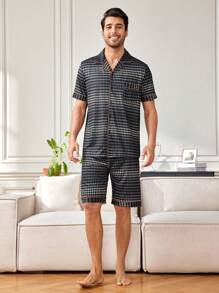 Conjunto De Ropa De Hogar Para Hombres Con Manga Corta Impresa - Negro - Ver 3