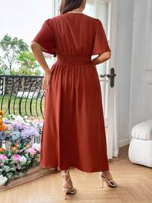 Franclia Plus Size Solid Color Cinching Waist Split Side Dress Maxi Women Outfit
