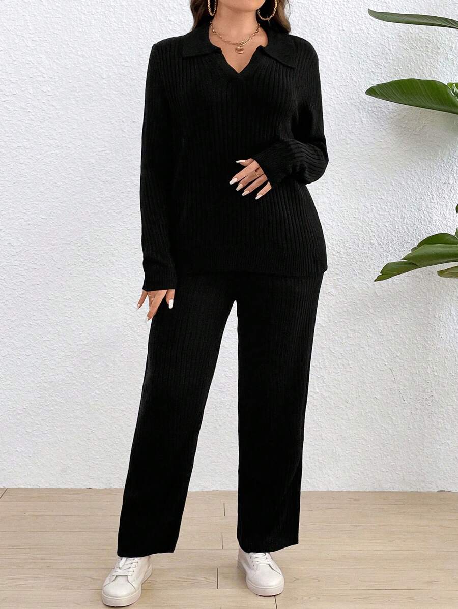 SHEIN Franclia Kích thước lớn Cổ chữ V Tay áo dài Áo len Và Dệt kim Quần Bộ - màu đen - Xem 1