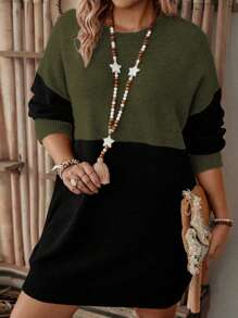 SHEIN LUNE 加大尺碼拼色下垂肩毛衣連衣裙 - 軍綠色 - 查看 6