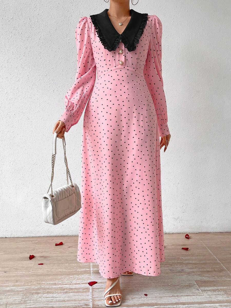 SHEIN Privé 女款撞色翻領心型印花a字收腰連身裙 - 粉色 - 查看 1