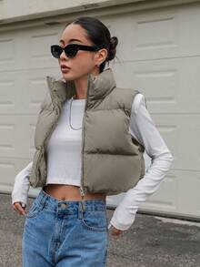 DAZY Stand Collar Zipper Front Short Vest Padded Coat - Army Green - View 5