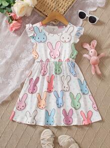 SHEIN Vintaside Kids Young Girl Cartoon Rabbit Head Printed Dress With Ruffle Trim - Multicolor - View 8