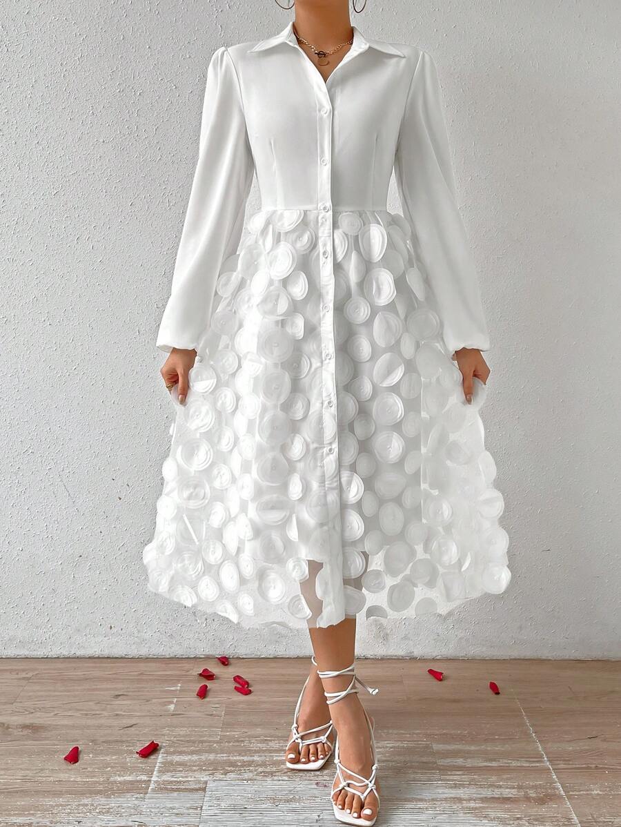 SHEIN Privé Women's Floral Contrast Mesh Tulle Dress - White - View 1