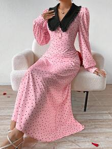 SHEIN Privé 女款撞色翻領心型印花a字收腰連身裙 - 粉色 - 查看 5