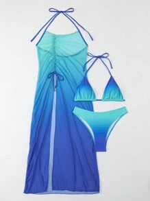 SHEIN Swim Summer Beach Women's Gradient Bikini Set Three-Piece Set - Blue - View 4
