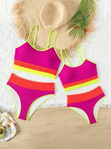 SHEIN Color Block Textured Contrast Neon Trim Bikini Set Bathing Suit, Summer Beach - Multicolor - View 8