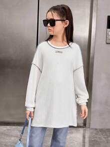 SHEIN Tween女孩寬鬆復古撞色拼接梭織裝飾圓領長袖t卹 - 白色 - 查看 4
