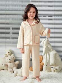 SHEIN Young Girl Loose Fit Casual Colorblock Lapel Collar Long Sleeve Top And Pants Home Wear Set - Apricot - View 3
