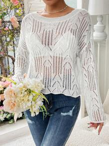 Chiquease Women'S Hollow Out Knitted Sweater With Bell Sleeves  Fall Winter Outfit - White - View 5