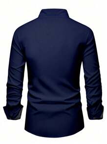 Manfinity Mode Áo sơ mi nam tay dài họa tiết hoa chắp vá, dành cho mùa thu - Màu xanh hải quân - Xem 2