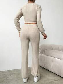 EURMUSE Lantern Sleeve Ribbed Knit T-shirt And Long Pants Set - Apricot - View 2