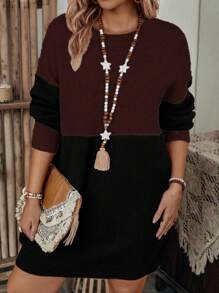 SHEIN LUNE Plus Size Round Neck Color Block Knitted Sweater Dress
