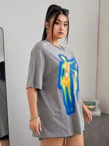 SHEIN EZwear Kích thước lớn Nam In thư Áo thun Với Đổi màu nóng Đồ họa - Xám - Xem 5