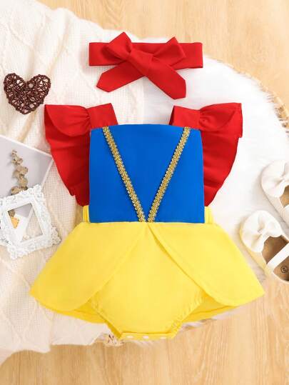 SHEIN Bộ áo liền quần có mũ có nắp màu sắc cho bé gái với chi tiết ren hoa dễ thương