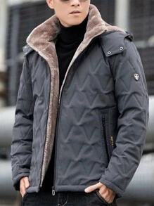 男式加大码保暖内衬拉链连帽绗缝外套（带内层） - 深灰色 - 查看 6