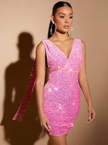 Hauture Draped Open Back Sequin Bodycon Dress - Pink - View 6
