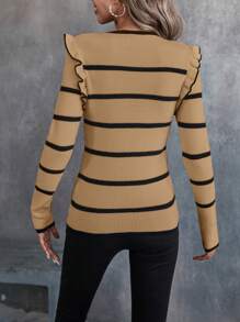 Zolique Suéter de punto acanalado con volantes y estampado de rayas para otoño e invierno - Caqui - View 2