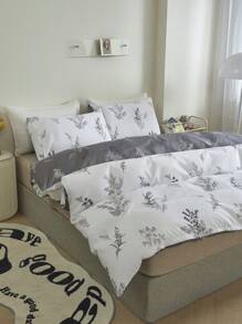 3pcs/Set Gray And White Botanical Floral Pattern Printed Bedding Set