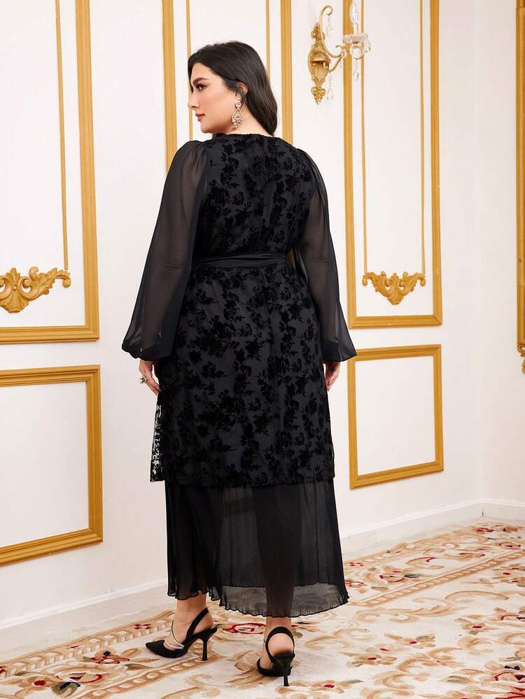 Plus Size Flocked Mesh Lantern Sleeves Belted Dress
