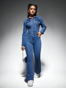 SHEIN EZwear Của phụ nữ Tay áo dài Denim Bùng nổ Áo liền quần - Rửa trung bình - Xem 1