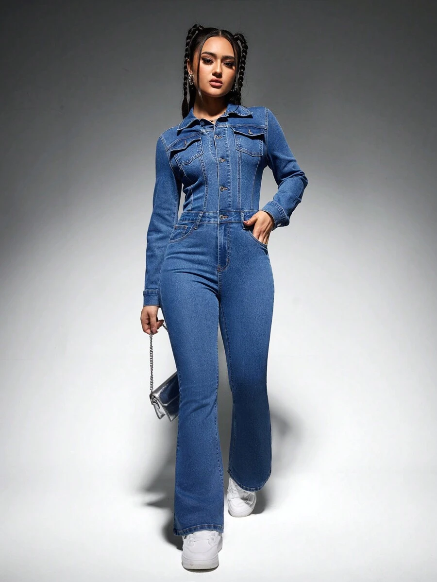 SHEIN EZwear Của phụ nữ Tay áo dài Denim Bùng nổ Áo liền quần - Rửa trung bình - Xem 1