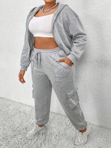 Flirla 大尺碼女裝帽前拉鍊運動服套裝,包括上衣和褲子 - 淺灰色 - 查看 7