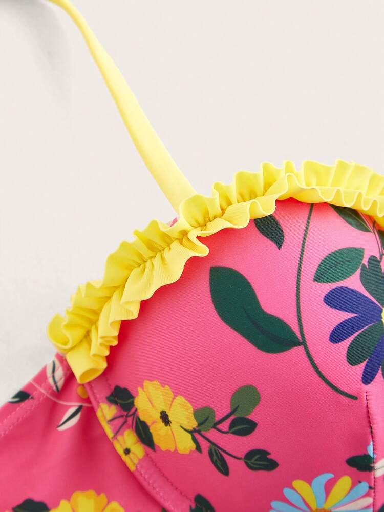 Women's Swimwear Set With Frill Trim & Flower Print Design Summer