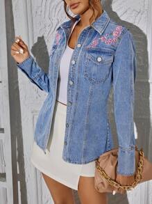 SHEIN LUNE Chaqueta Vaquera Button Up Bordada Con Detalles Florales - Lavado ligero - Ver 7