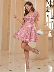 SHEIN Belle Vestido corto de cóctel de línea A para mujer con tirantes y dobladillo con lentejuelas, elegante vestido de graduación, boda o fiesta, para cumpleaños, graduación, regreso a casa - Rosa - Ver 6