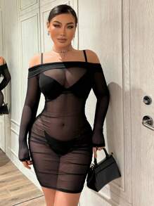 SHEIN SXY Đầm Xù cắt màu trơn Gợi cảm - màu đen - Xem 4