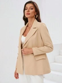 SHEIN BIZwear Solid Color Double Breasted Suit Jacket - Khaki - View 3