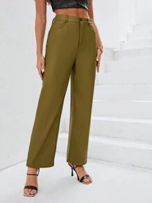GENKIRA Solid Color Straight Leg Pants Fall Cloth For Women - Olive Green - View 1