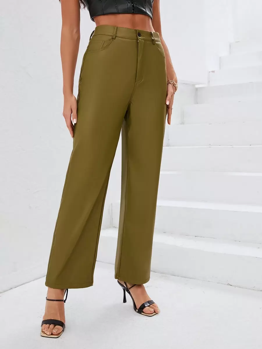 GENKIRA Solid Color Straight Leg Pants Fall Cloth For Women - Olive Green - View 1