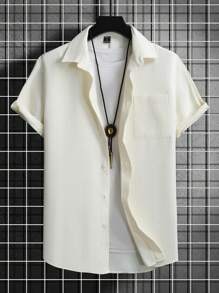 Genlund Men's Textured Short Sleeve Shirt , Button Up Plain All White Shirt , Casual Boyfriend Gift - Apricot - View 3