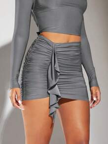 SHEIN BAE 女式褶皺荷葉邊下擺半身裙 - 深灰色 - 查看 4