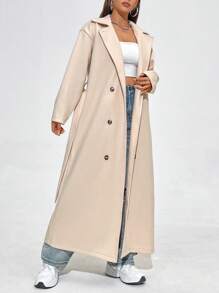 SHEIN Unity 女式翻领双排扣系带大衣 - 杏色 - 查看 6