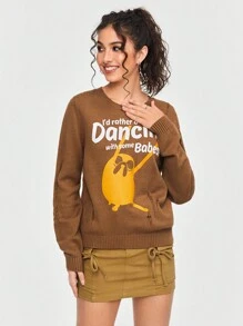 ADVENTURE TIME X SHEIN Cartoon Printed Long Sleeve Distressed Sweater