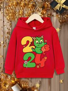 新年卡通元素印花男童休闲卫衣 - 紅色 - 查看 1